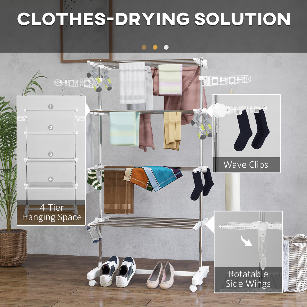 White four-tier clothes drying rack holding laundry, with wave clips and rotatable side arms.