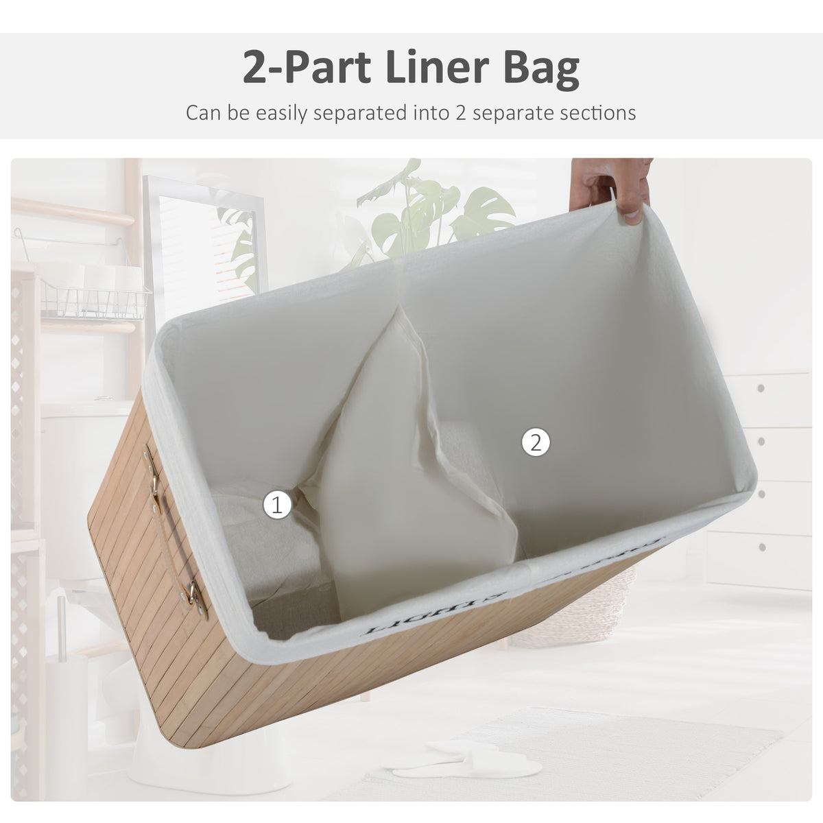 Laundry hamper tilted open to show its removable two-section liner