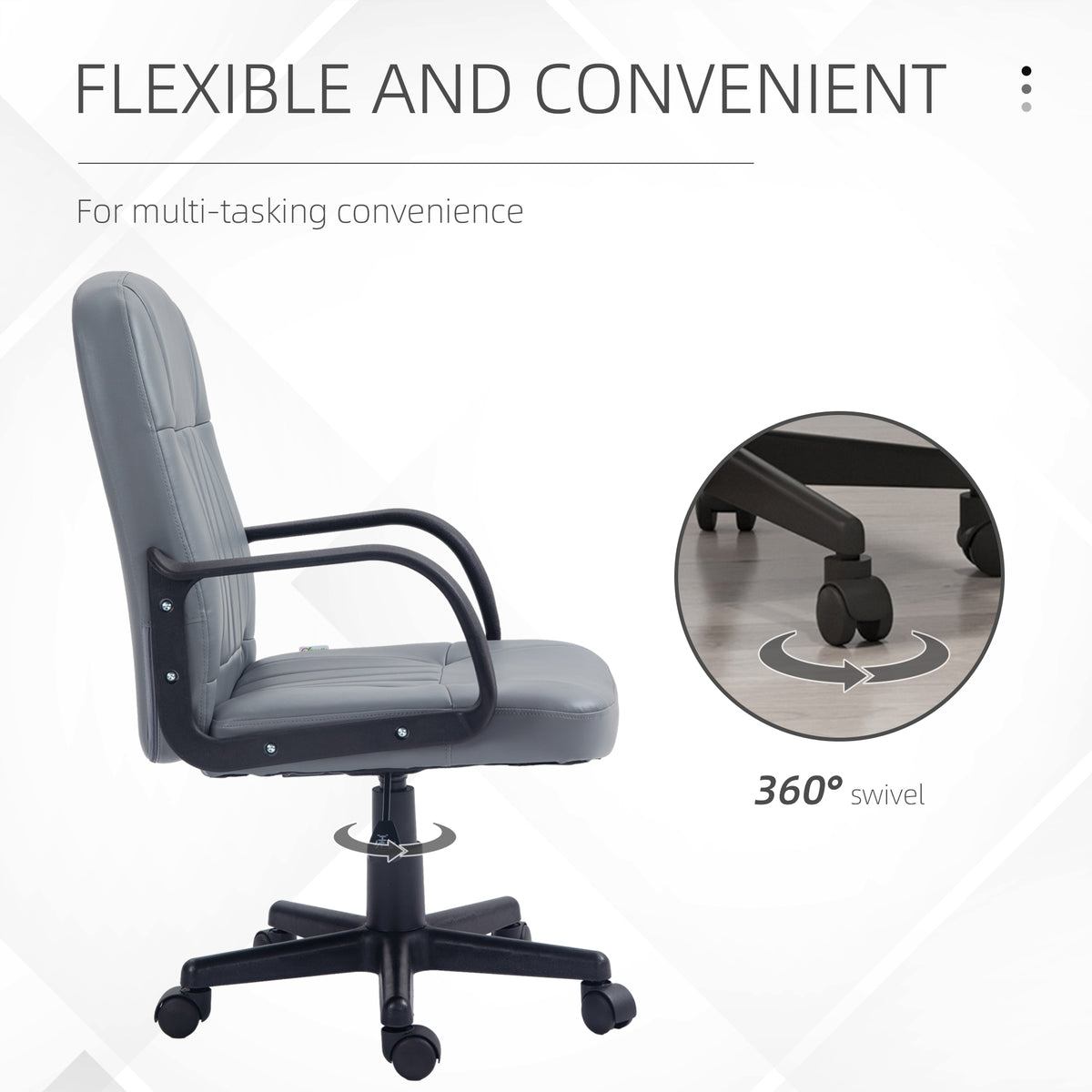 Grey PU leather office chair shown from the side with swivel base and caster wheels