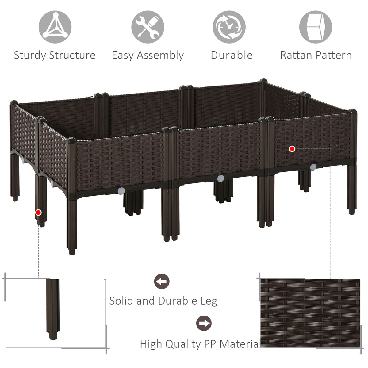 Outsunny brown raised garden planter with woven PP sides and sturdy support legs.