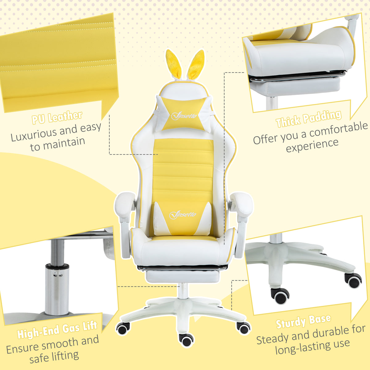Vinsetto Gaming Chair with Rabbit Ears and Footrest, Ergonomic Computer Chair for Girls Adults, with Headrest, Lumbar Support, Reclining Back, Swivel Wheels, Yellow and White