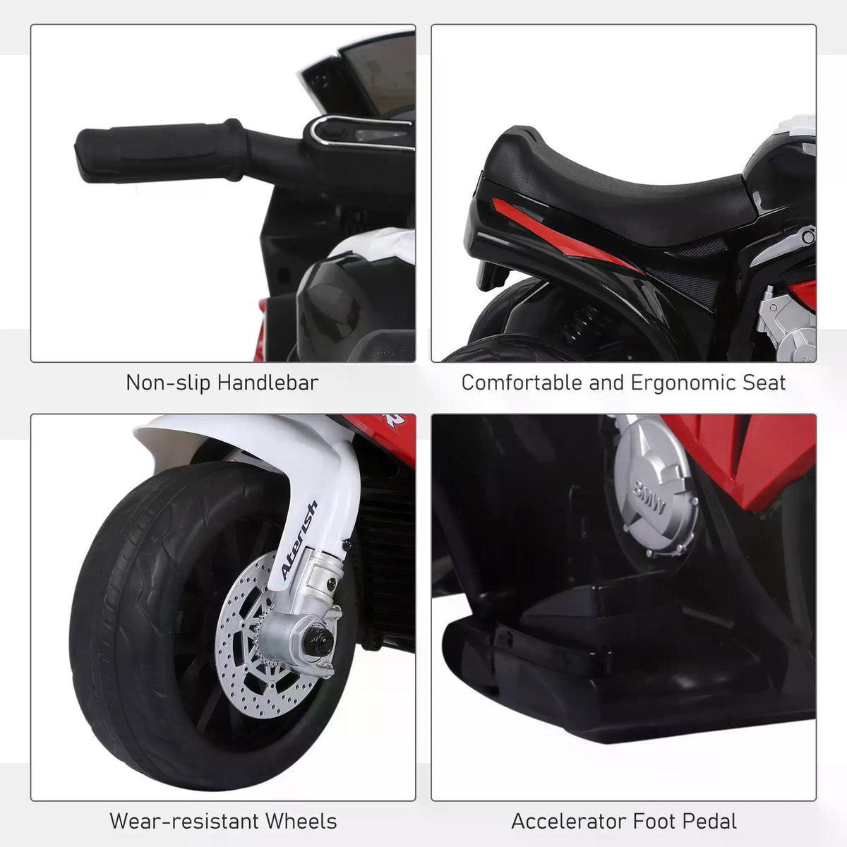 HOMCOM BMW ride-on motorcycle details: handlebar, seat, front wheel and foot pedal