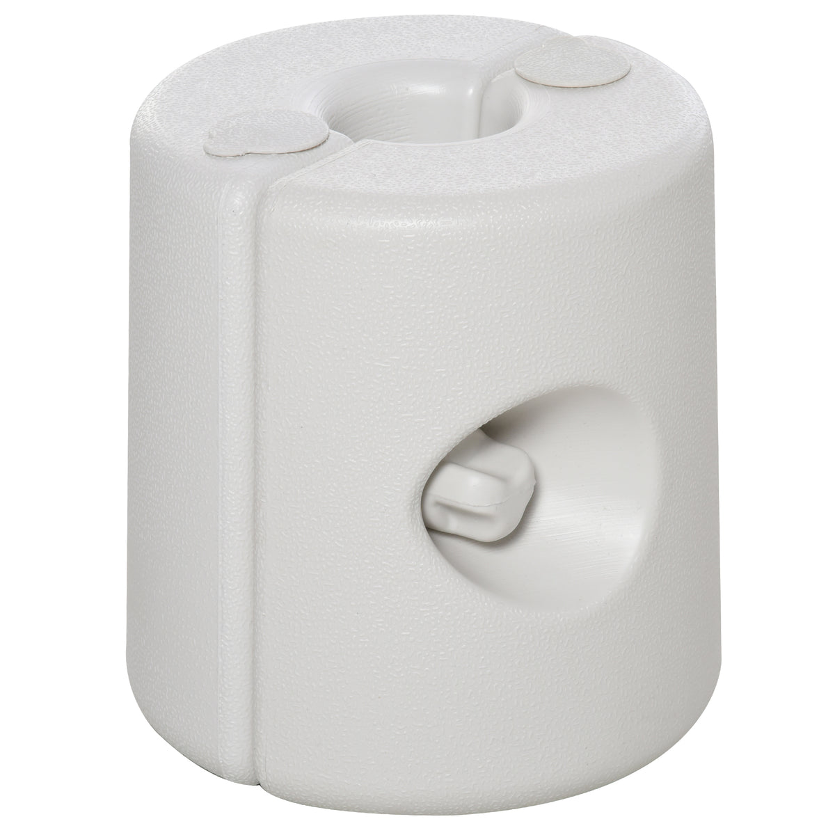 White gazebo leg weight with a center opening and recessed fastening knob