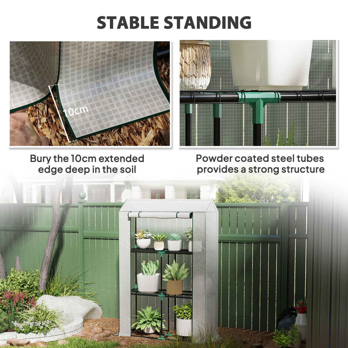 Outsunny greenhouse with extended cover edges and powder-coated steel frame connectors