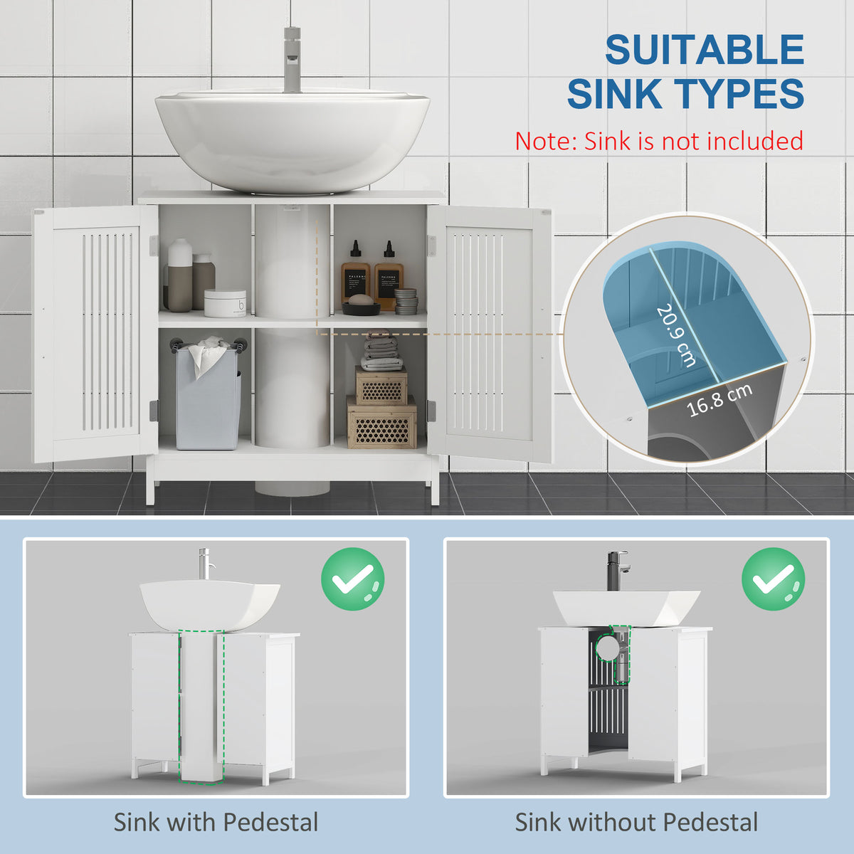 Under-sink cabinet with doors open, showing storage shelves and pedestal clearance