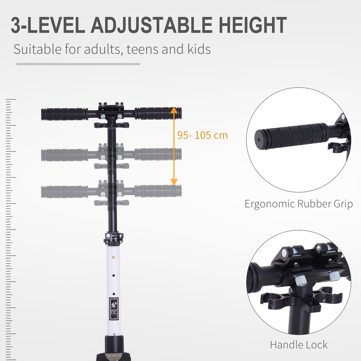 HOMCOM kick scooter with adjustable-height handlebar, rubber grips, and locking clamp