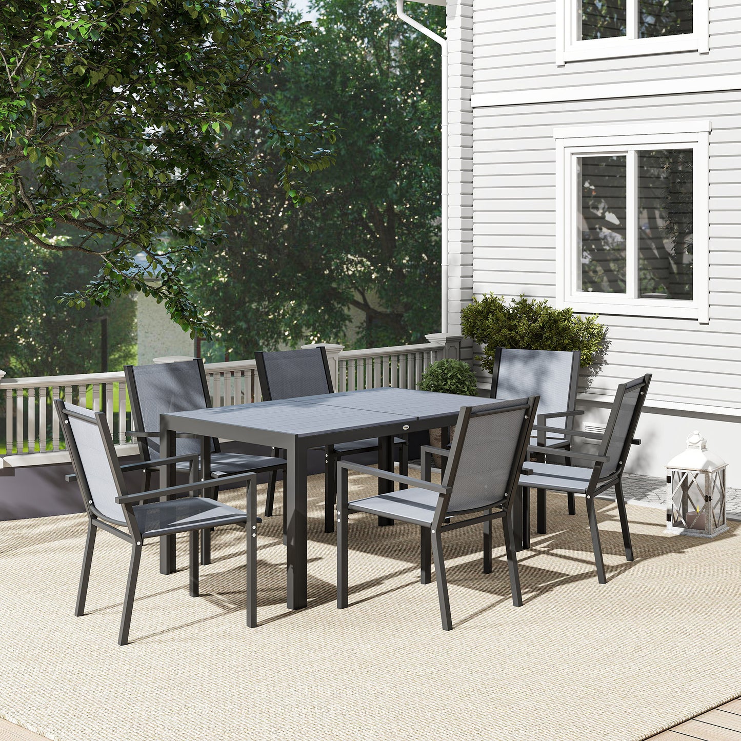 Outsunny Seven-Piece Garden Dining Set, with Plastic Wood-Top Table - Grey