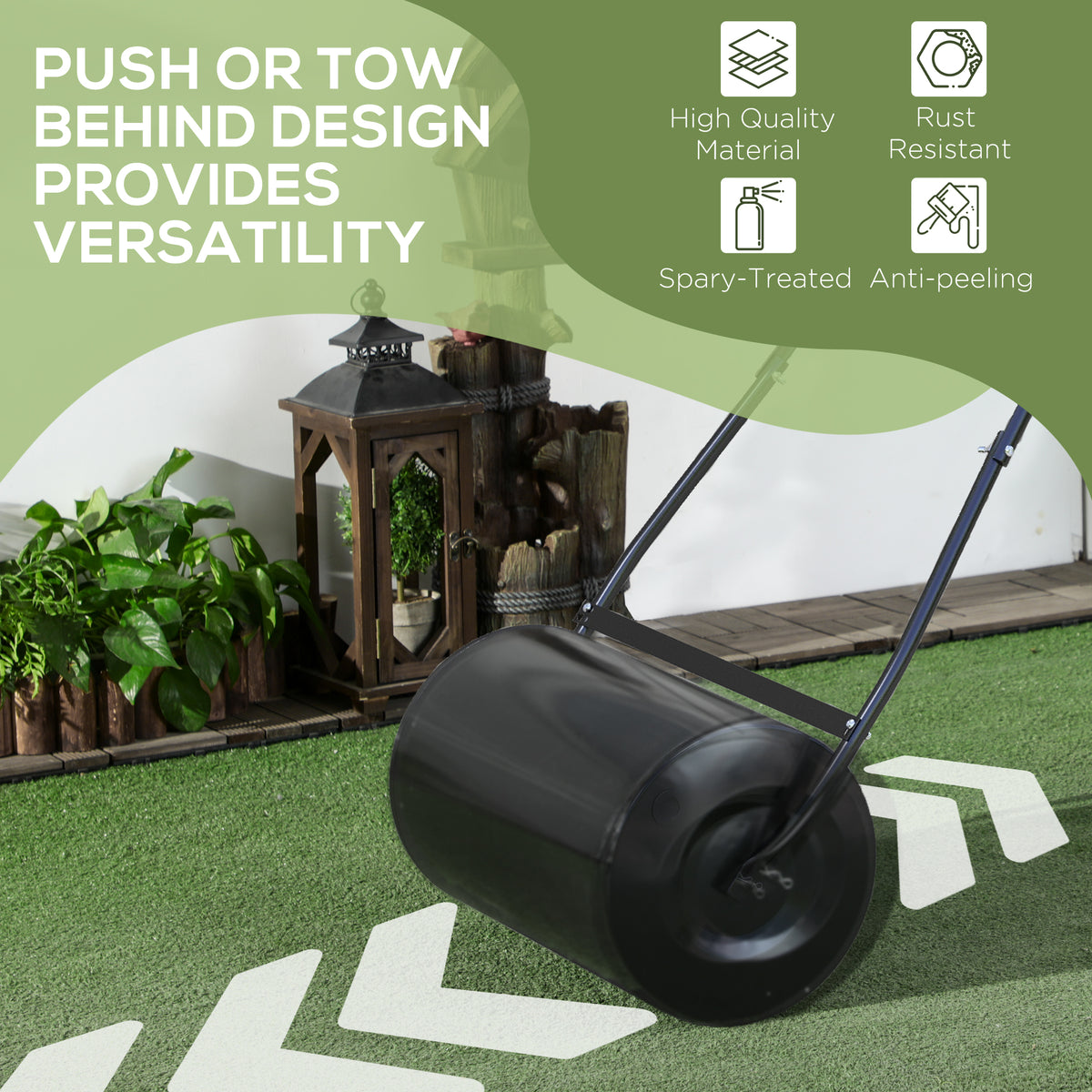 DURHAND black lawn roller with push-or-tow handle design