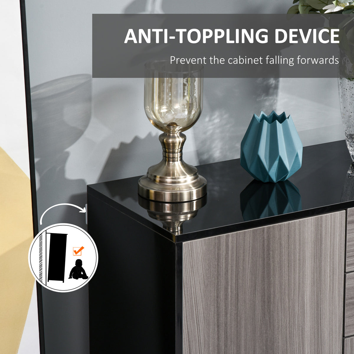 HOMCOM side cabinet with glossy black top and gray wood-grain front