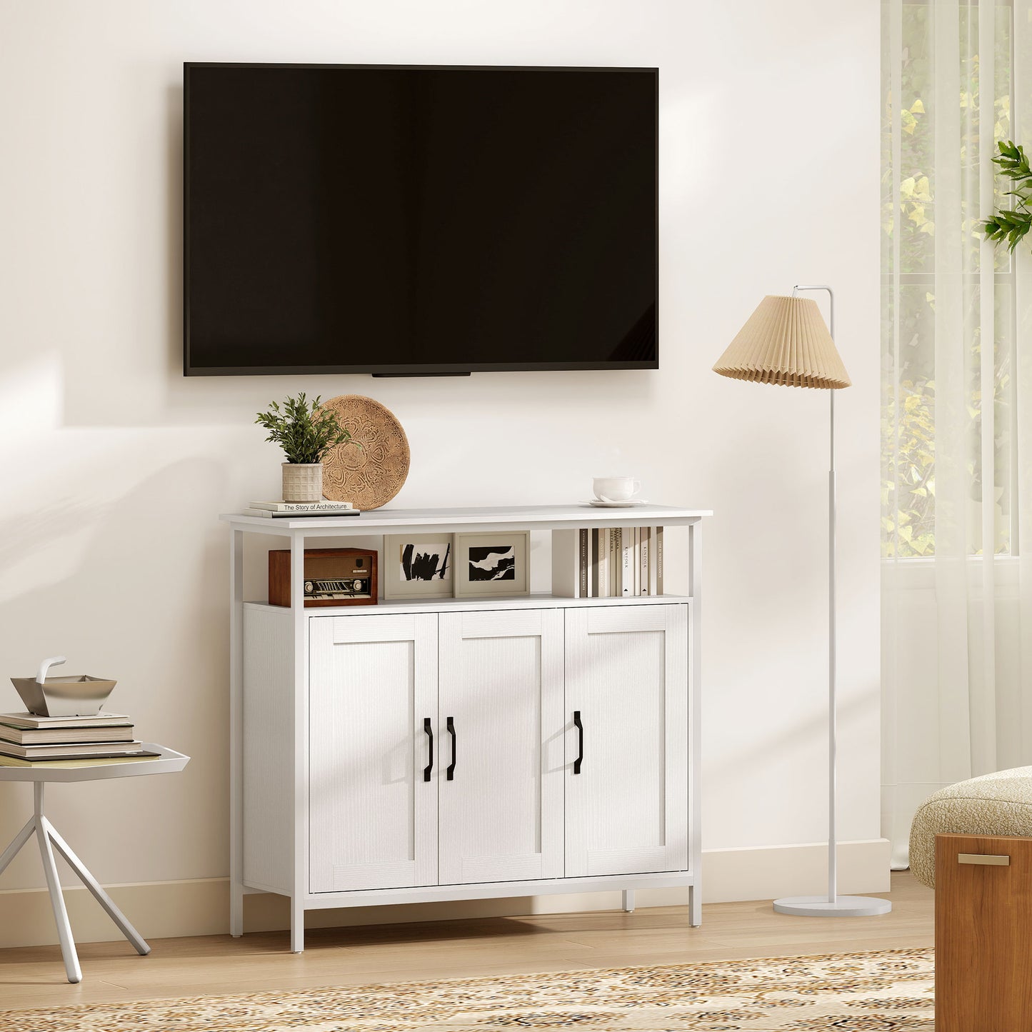 HOMCOM Industrial Kitchen Sideboard with Open Shelf, 2 Cabinets, Adjustable Shelves for Living Room, Dining Room, White
