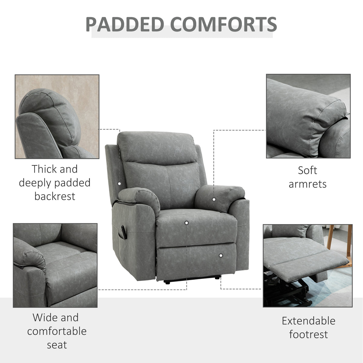 Grey padded recliner chair with thick backrest, soft arms, wide seat and extendable footrest