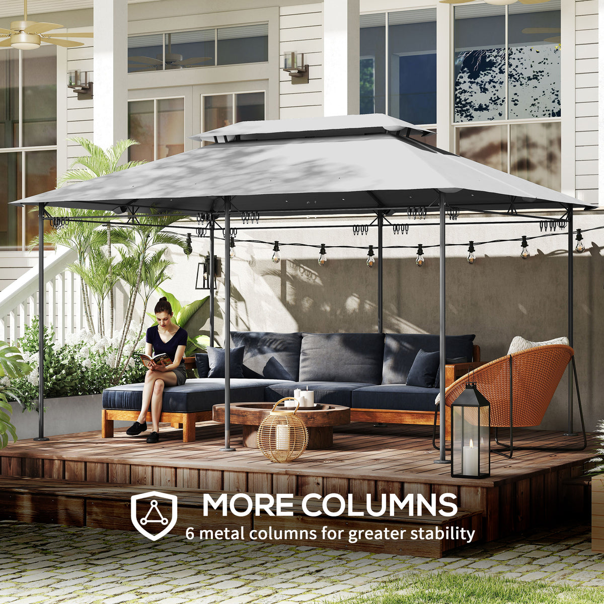 Outsunny gazebo with a dark grey two-tier roof, six metal columns, and curtains