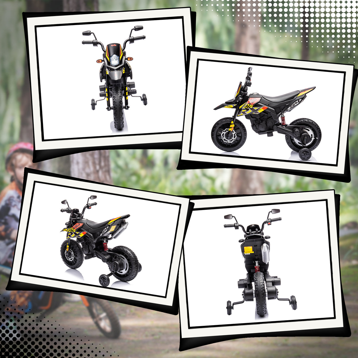 AIYAPLAY Aprilia kids' motorbike shown from front, side and rear angles