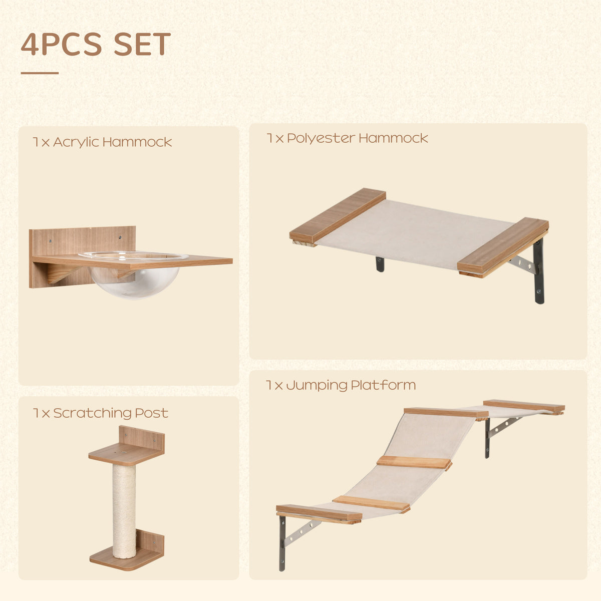Wall-mounted cat set components: acrylic hammock, fabric hammock, sisal post, and climbing platform