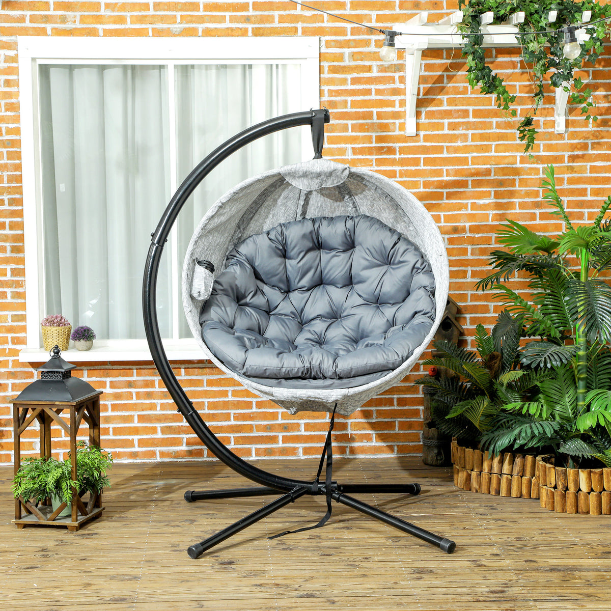 Outsunny Hanging Egg Chair Outdoor Indoor Garden Swing Chair with Folding Basket, Thickened Cushion, Cup Holder for Patio, Balcony, Grey