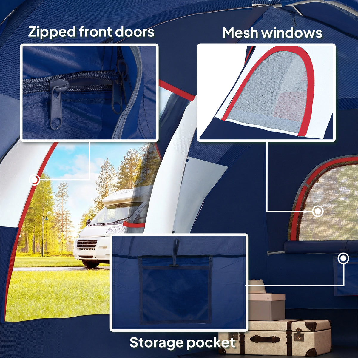 Outsunny 5 Man Camping Tent, Large Tunnel Tent, Water Resistant Hiking Shelter with Groundsheet and Carry Bag, Navy Blue