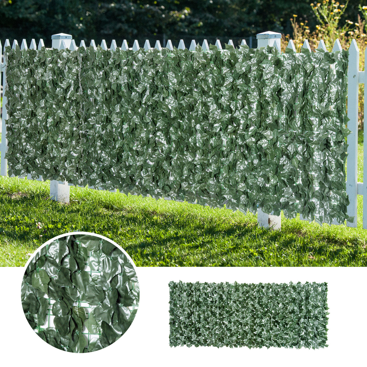 Outsunny artificial leaf hedge screen panel attached to a fence, with a close-up of the leaves