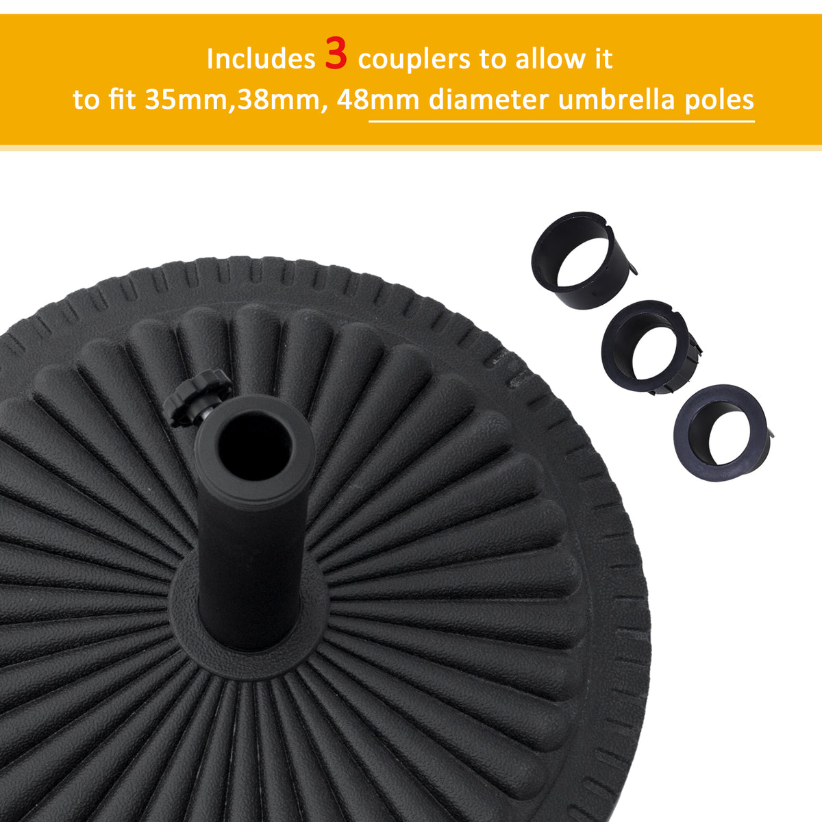 Black parasol base with three pole-fitting adapters