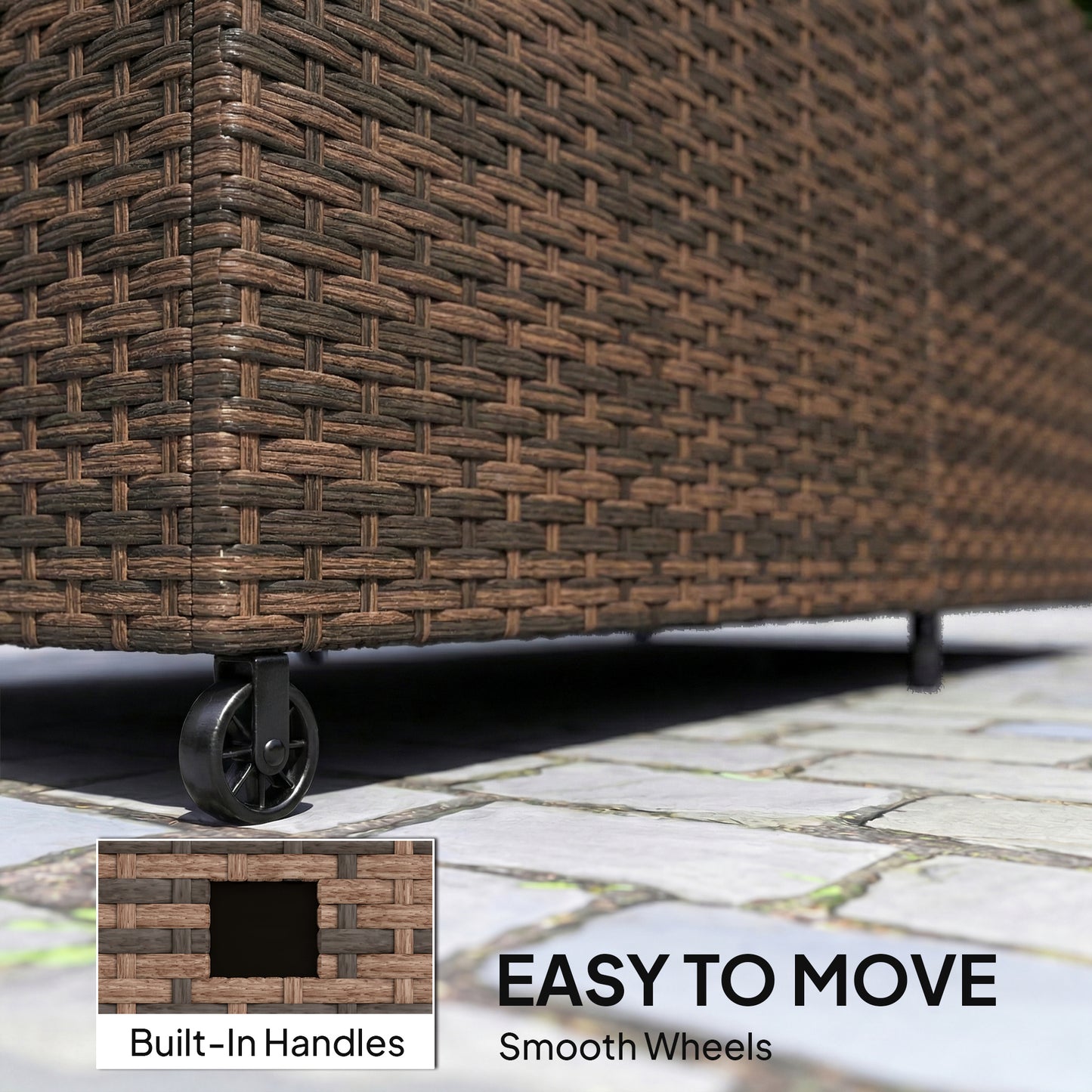 Outsunny 650L Garden Storage Box with 2 Wheels, Rattan Deck Box with Waterproof Zipped Liner, Safe Pneumatic Rods, Mixed Brown