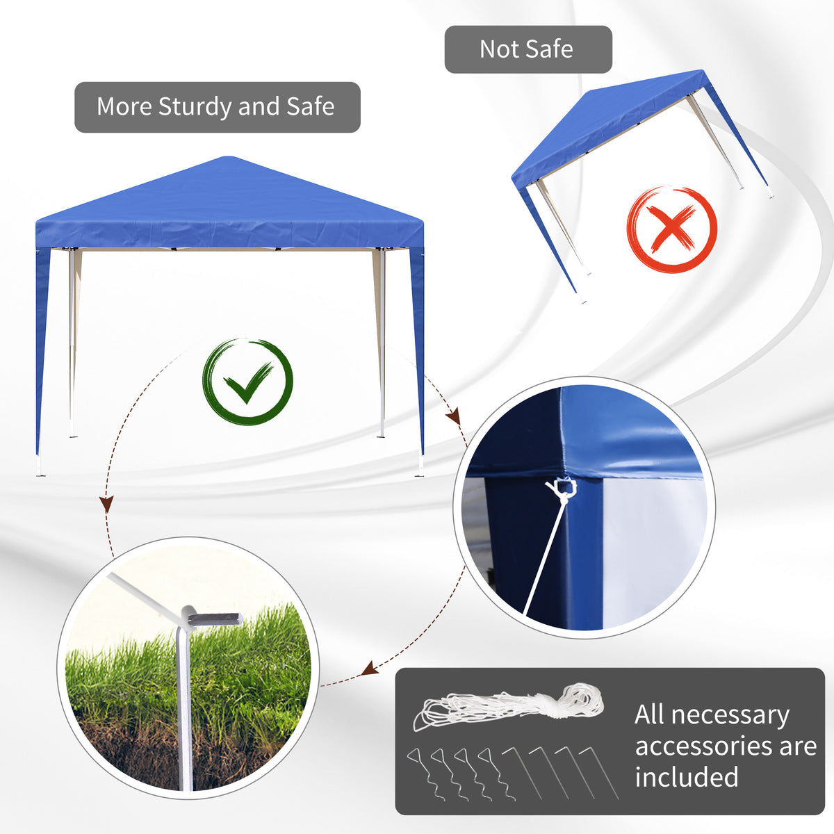 Blue pop-up gazebo with ground stakes, guy ropes, and securing accessories