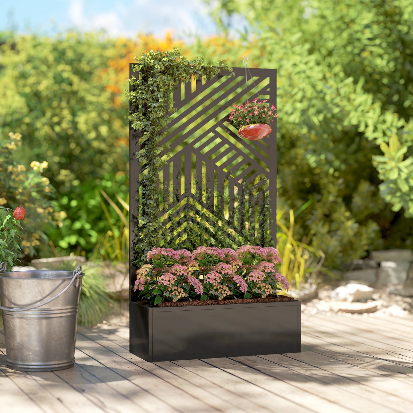 Outsunny Metal Garden Bed for Garden with Trellis, Raised Garden Bed with Privacy Screen, Geometric Slatted Cut-Out