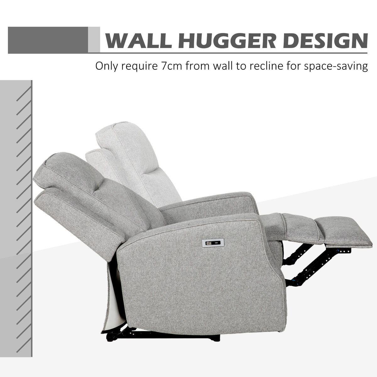 Grey electric recliner with extended footrest in a wall-hugger position
