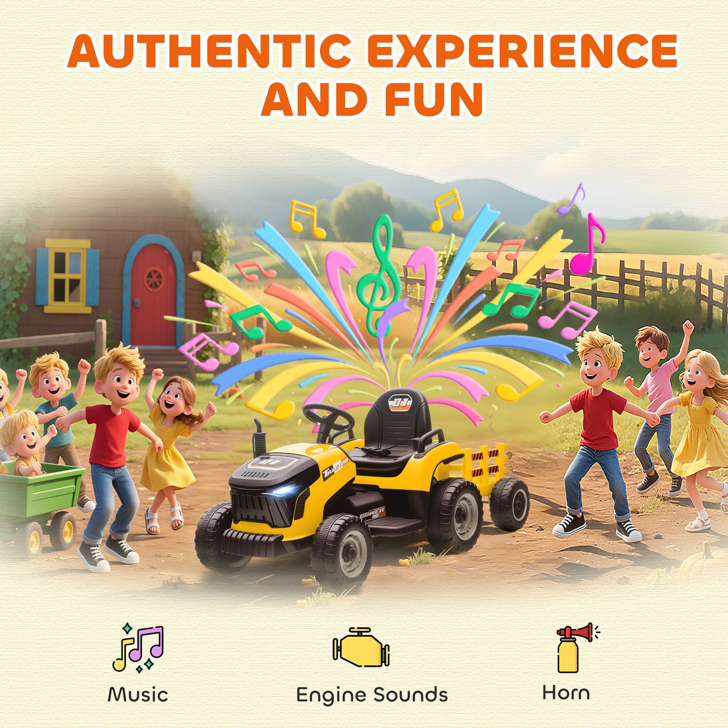 AIYAPLAY 12V Ride on Tractor and Trailer with Remote Control, Music, Shifter, Start-Up Sound, for Kids Ages 3-8 Years, Yellow
