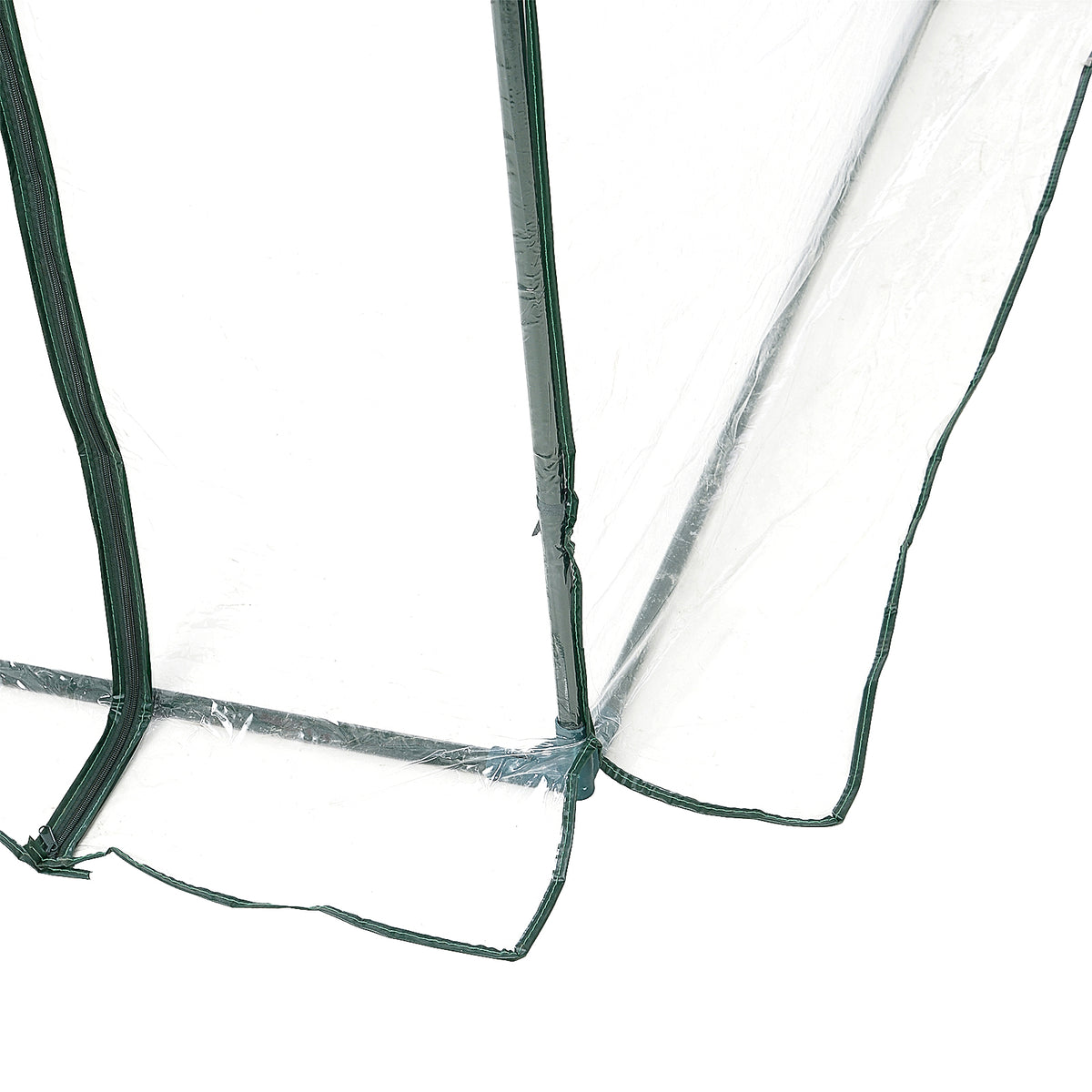 Outsunny greenhouse close-up of transparent PVC cover edges and green frame