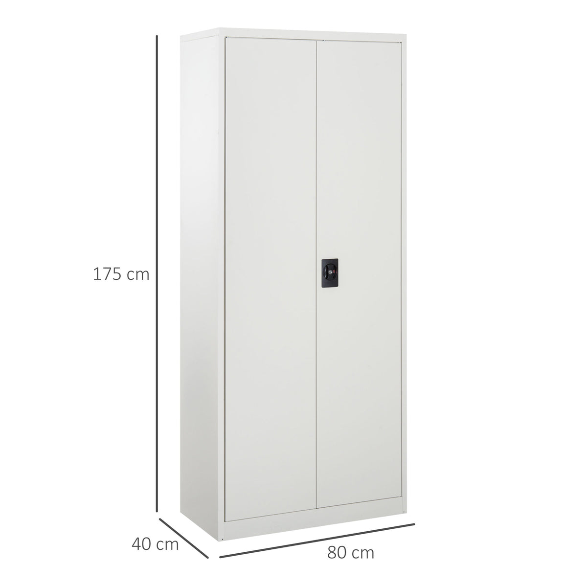Closed white steel filing cabinet with two doors, shown with dimensions
