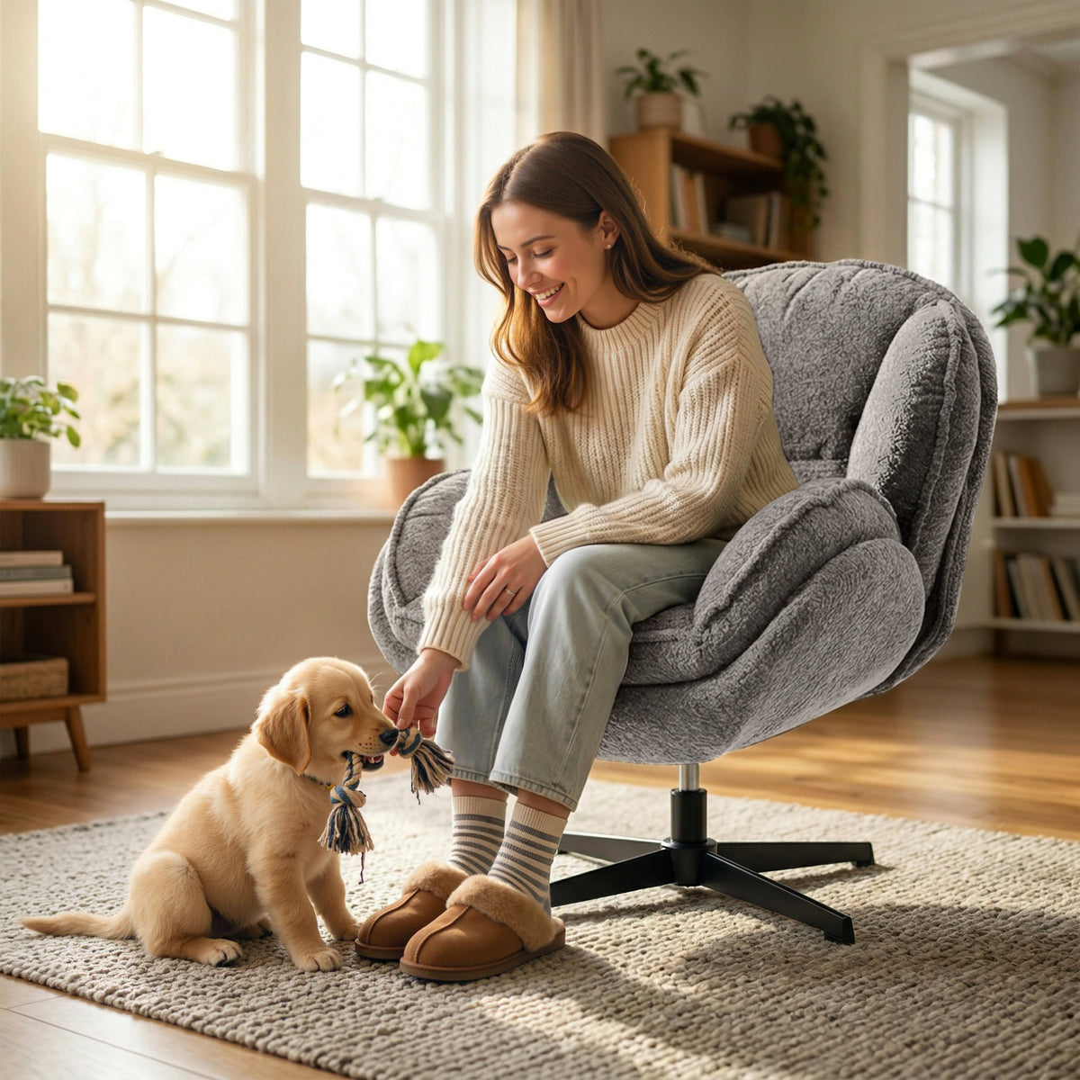 HOMCOM Modern Wingback Accent Chair, Velvet Armchair with Four-Star Base, S-Springs, Swivel, Grey