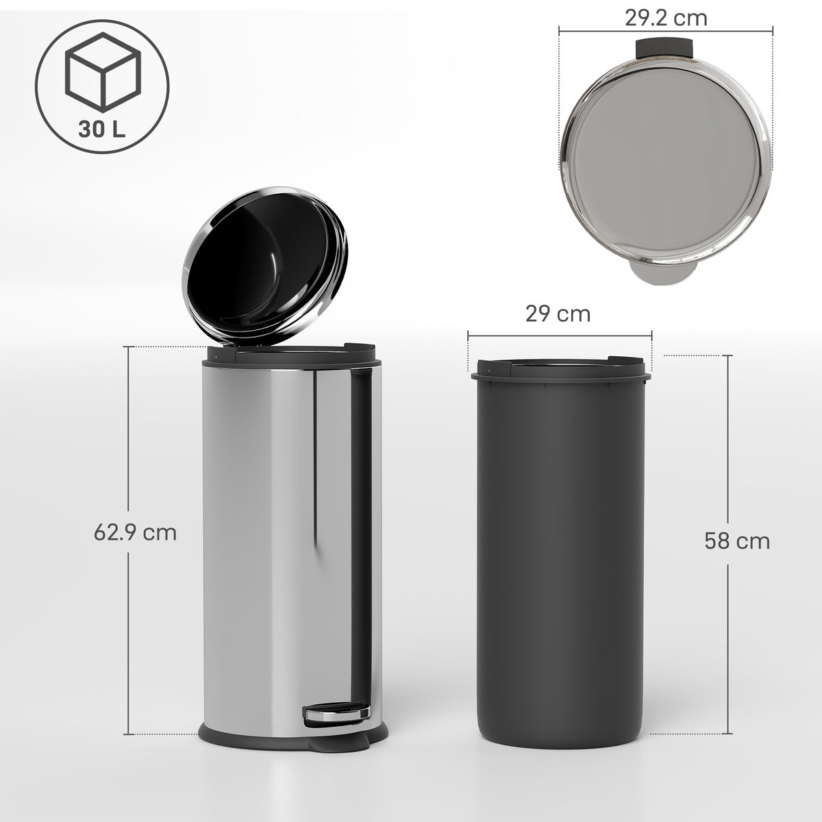 HOMCOM Foot Pedal Bin Stainless Steel Metal Waste Rubbish Lid Kitchen Garbage 30L Silver