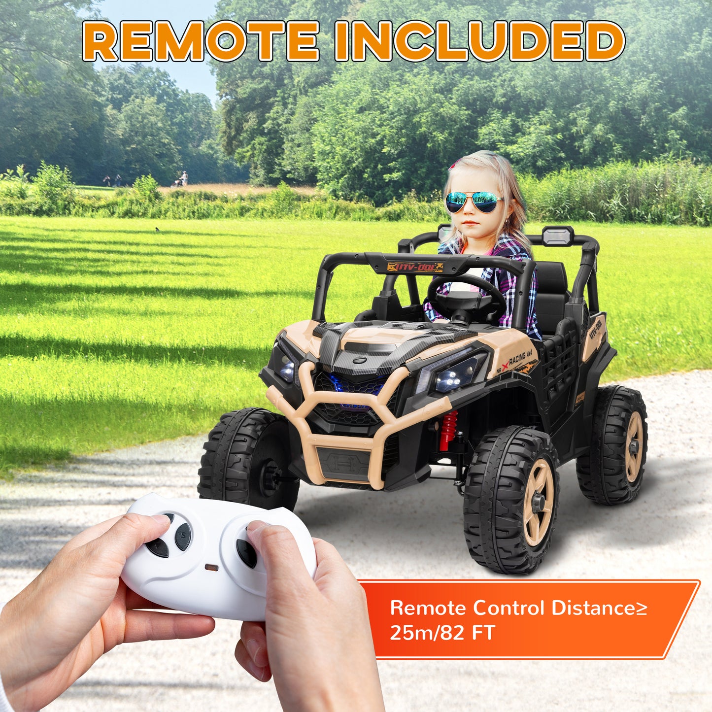AIYAPLAY 24V 2 Seater Kids Electric Car with Remote Control, Suspension System, Slow Start, 3 Speeds, for 3-8 Years, Khaki