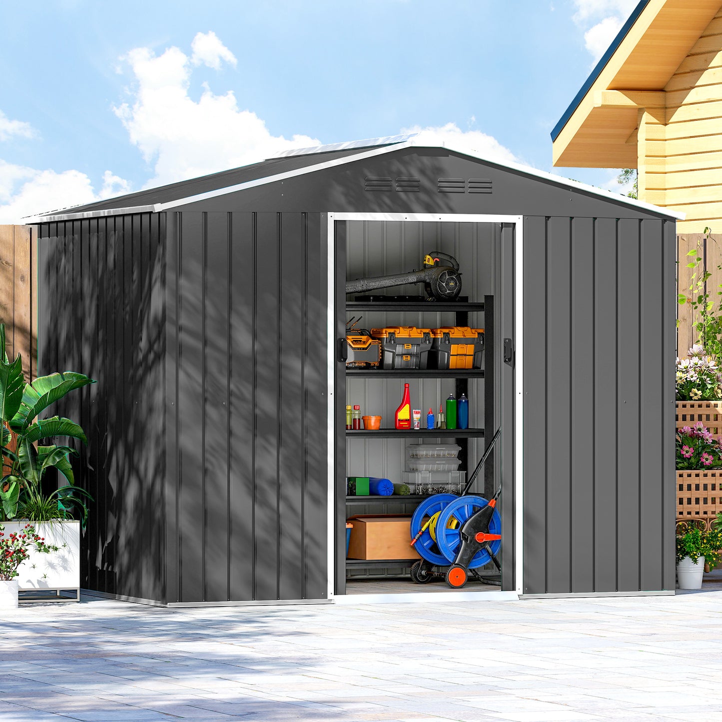 Outsunny 8 x 6ft Galvanised Steel Shed, with Double Door - Dark Grey