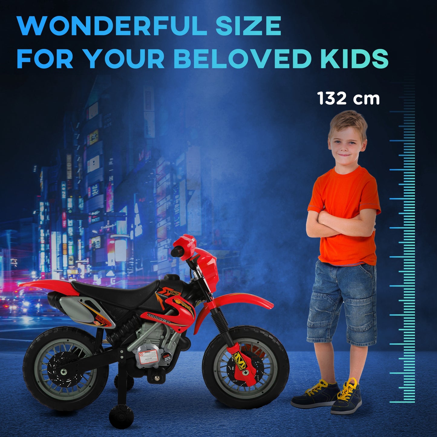 Red kids' ride-on motorcycle shown beside a child for size comparison.