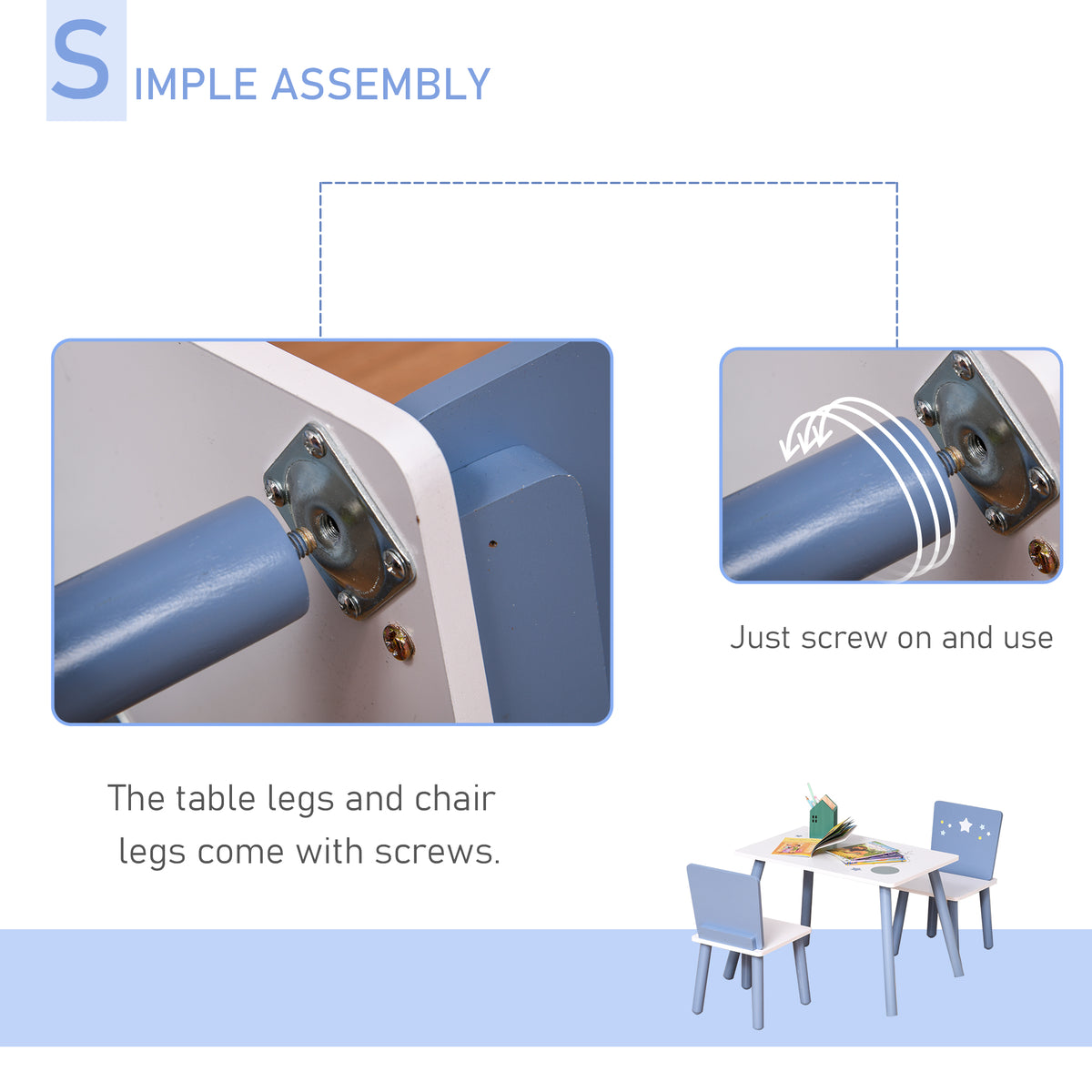 Kids' table and chair set leg assembly with screw-mounted blue legs.