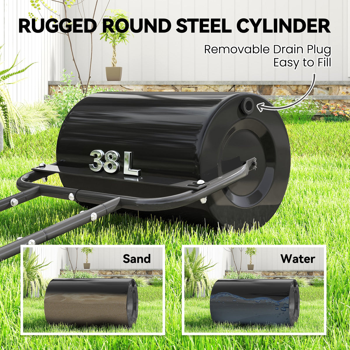 Black steel lawn roller with removable drain plug and 38-liter drum