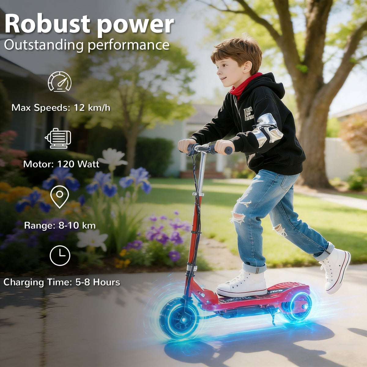 Child riding a red HOMCOM electric scooter with black handlebars and wheels