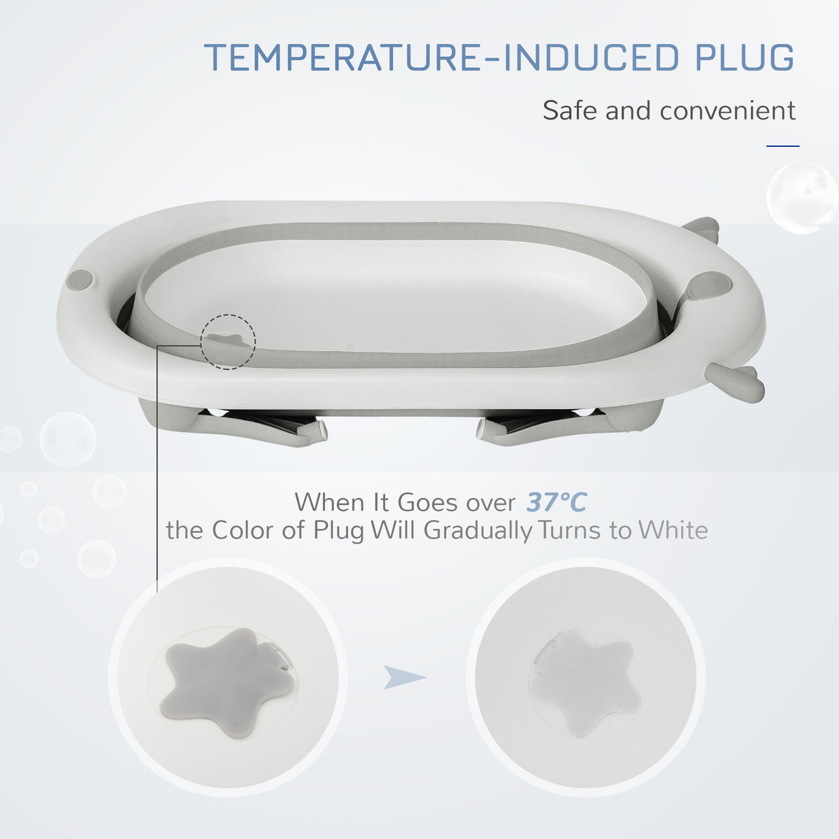 Foldable baby bathtub with temperature-sensitive plug that changes color above 37°C