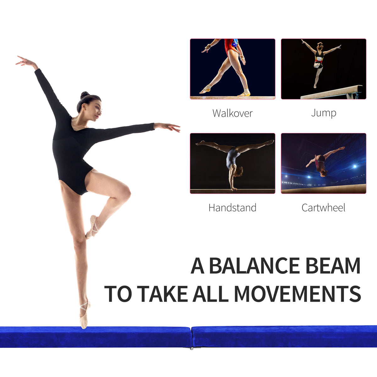 Blue folding balance beam shown with a gymnast and examples of beam moves.