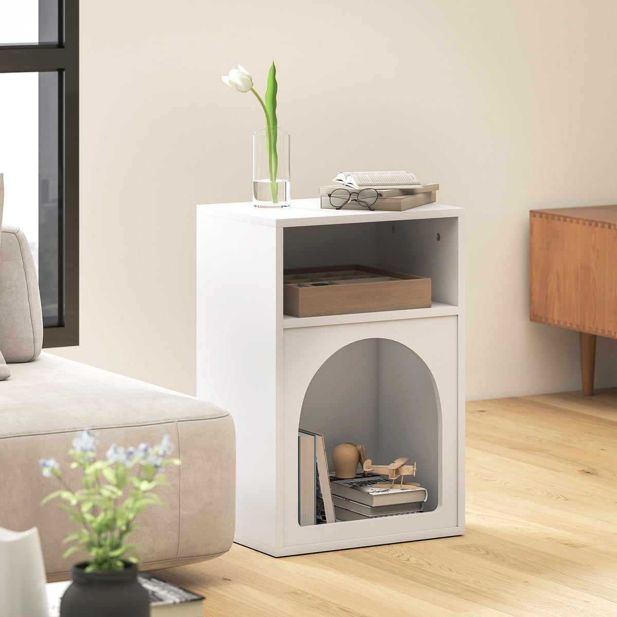 HOMCOM Bedside Table with 2 Open Compartments - White