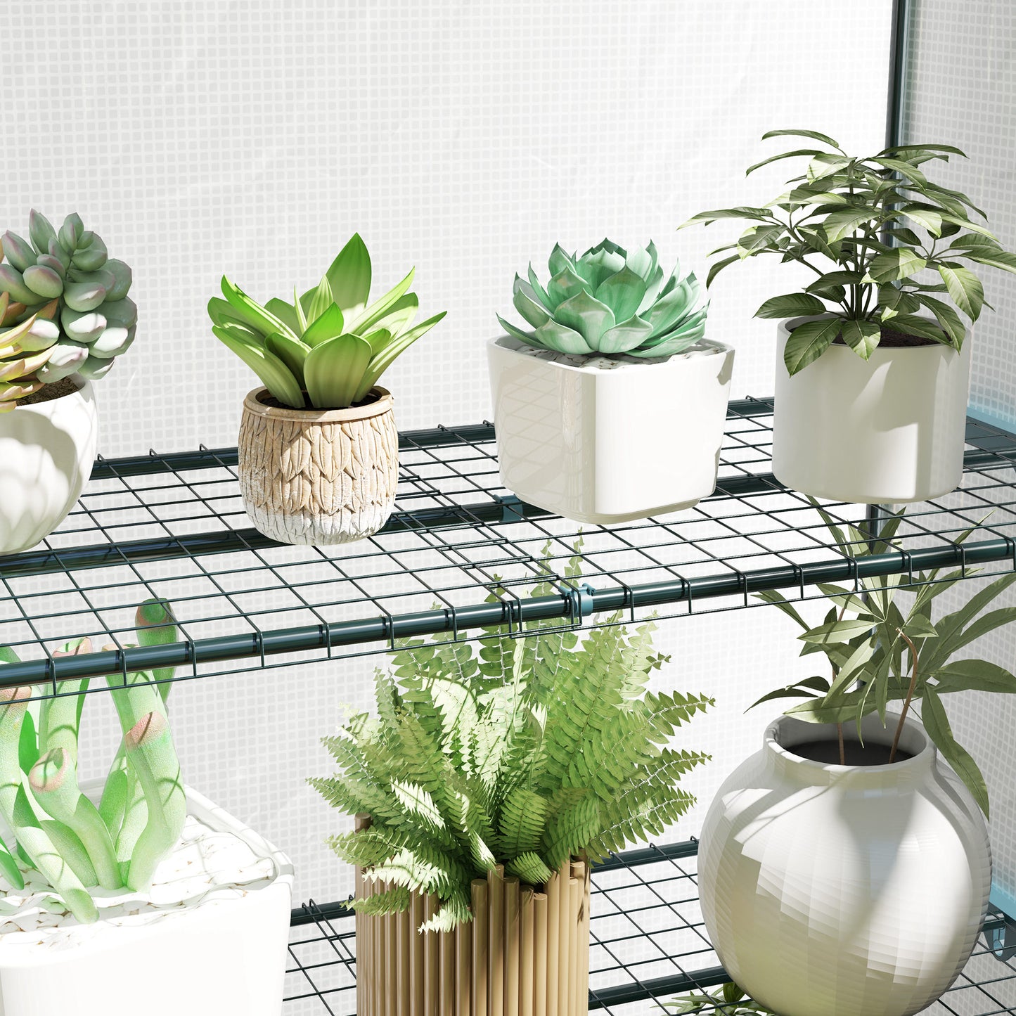 Outsunny greenhouse wire shelving and white mesh cover shown with potted plants