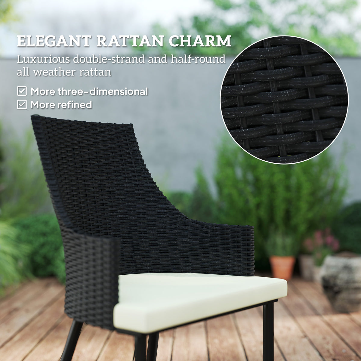 Black woven outdoor armchair with a cream seat cushion and textured rattan-style weave.