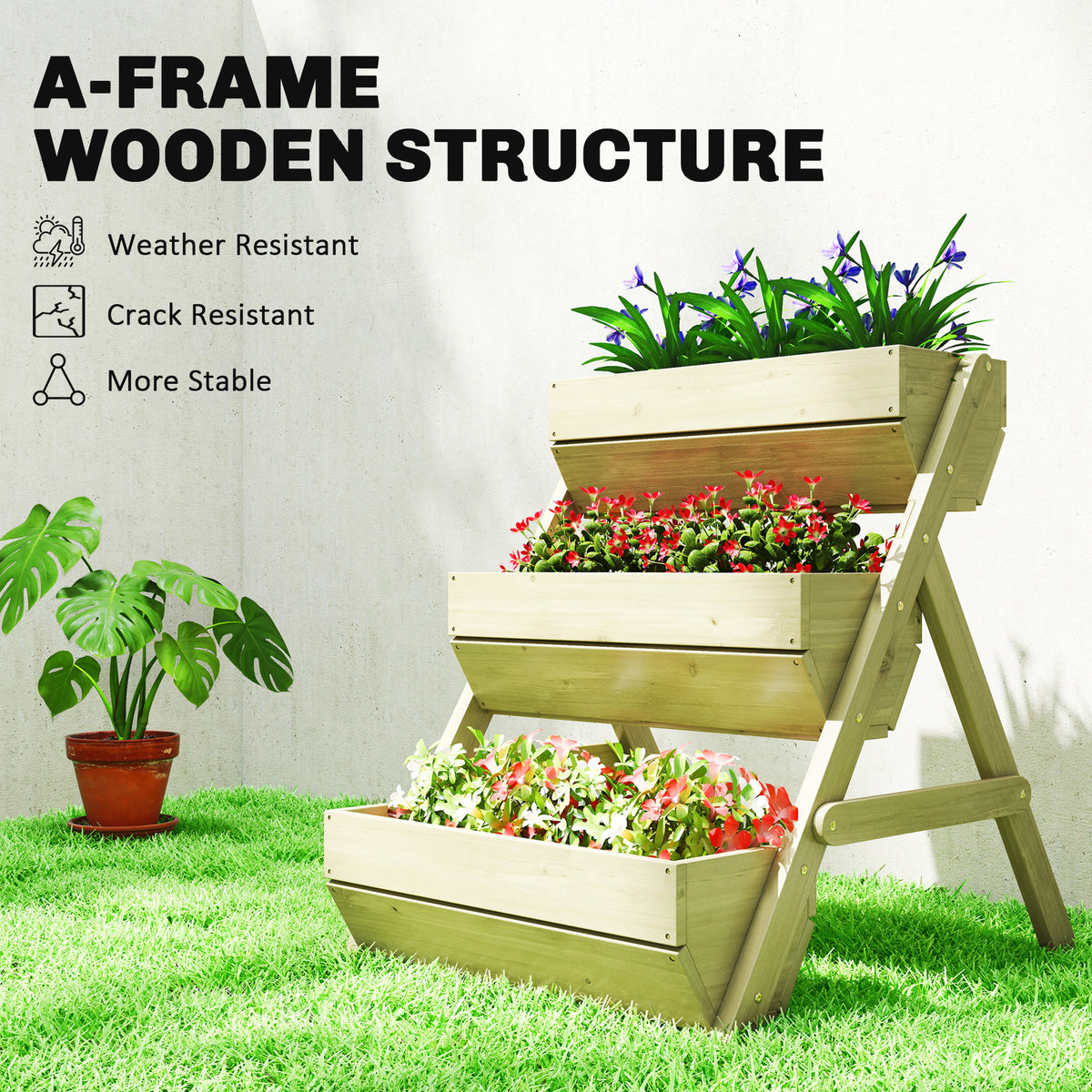 Outsunny A-frame wooden raised planter with three flower-filled tiers