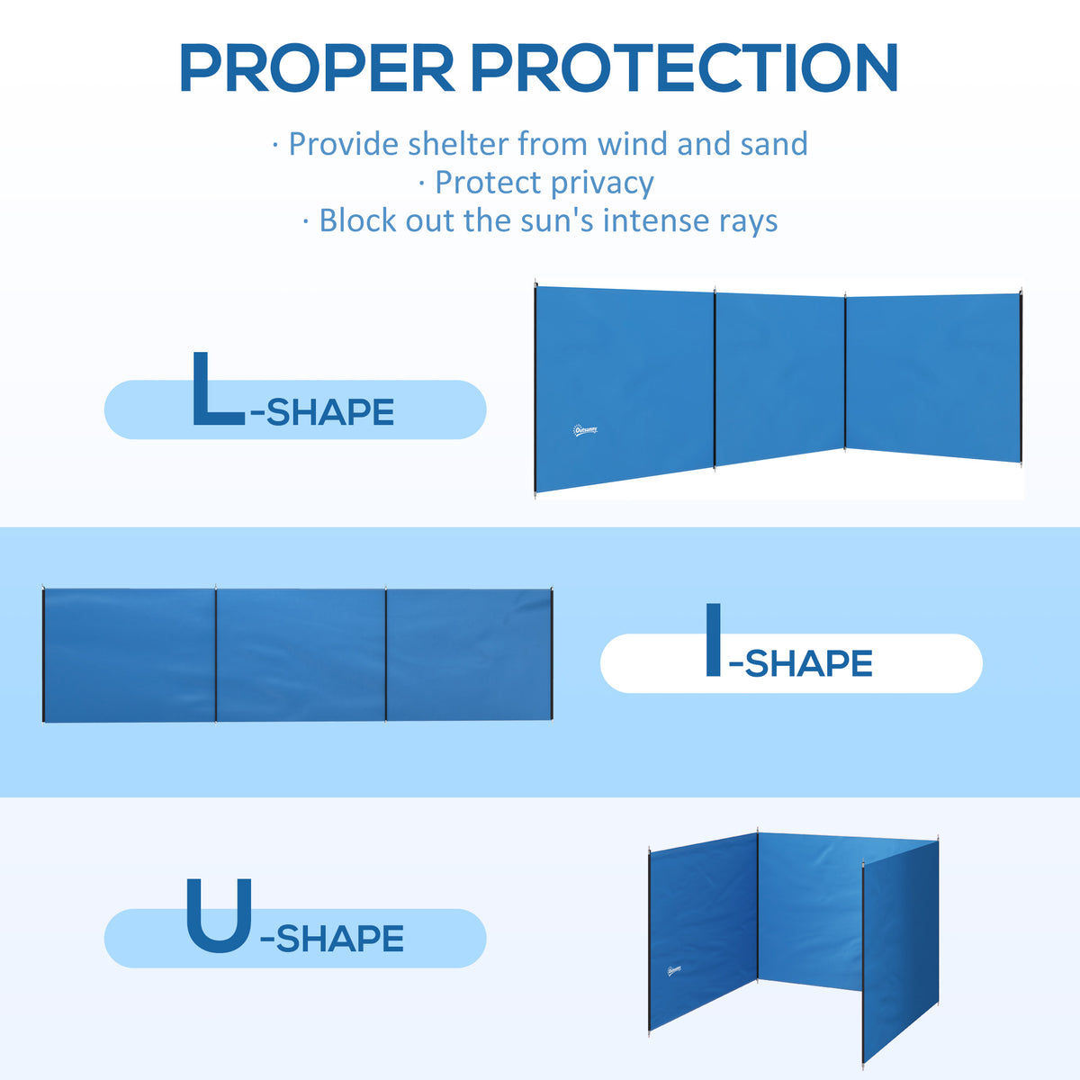 Blue camping windbreak shown in L, straight and U-shaped configurations