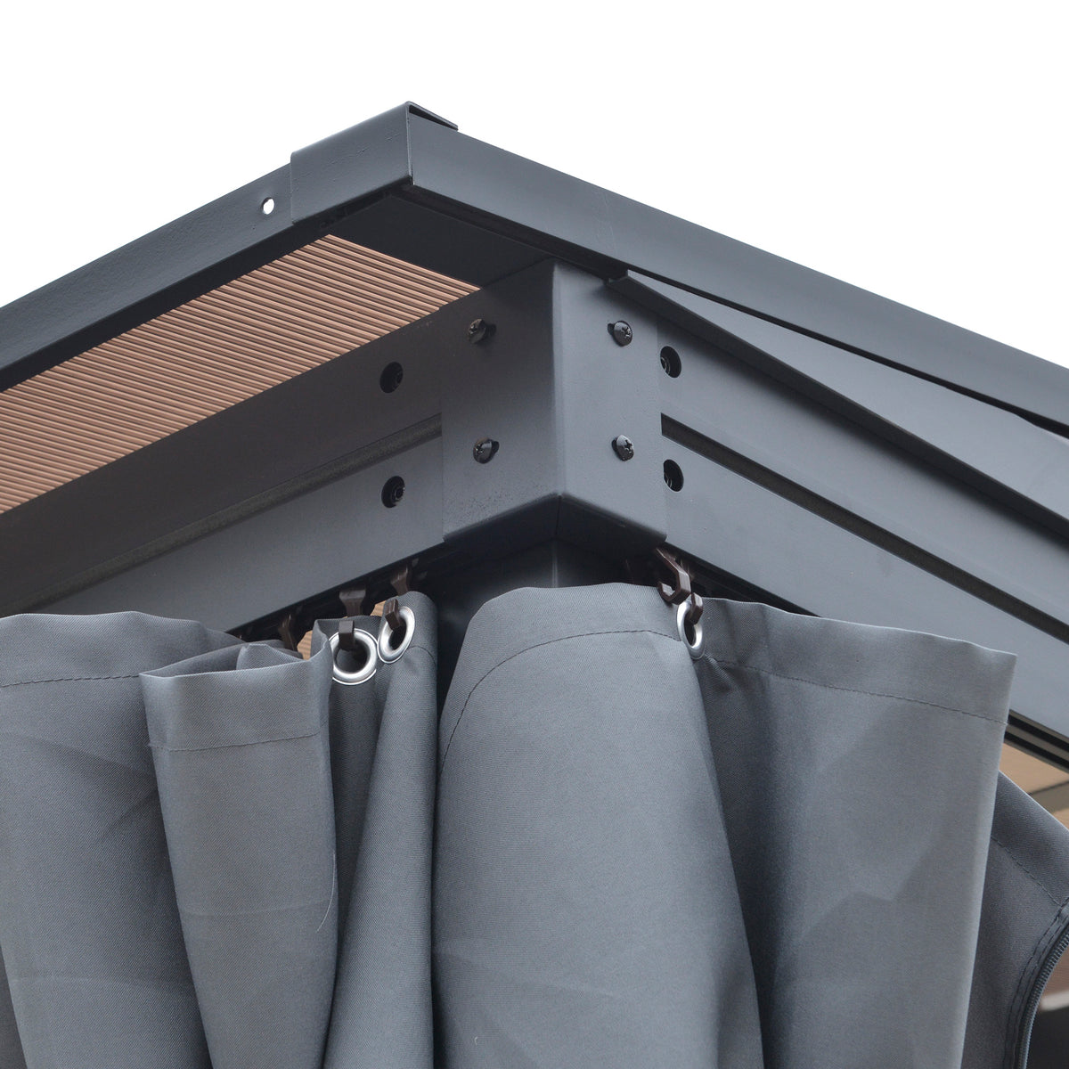 Outsunny gazebo corner detail showing dark aluminum roof frame and curtain hooks