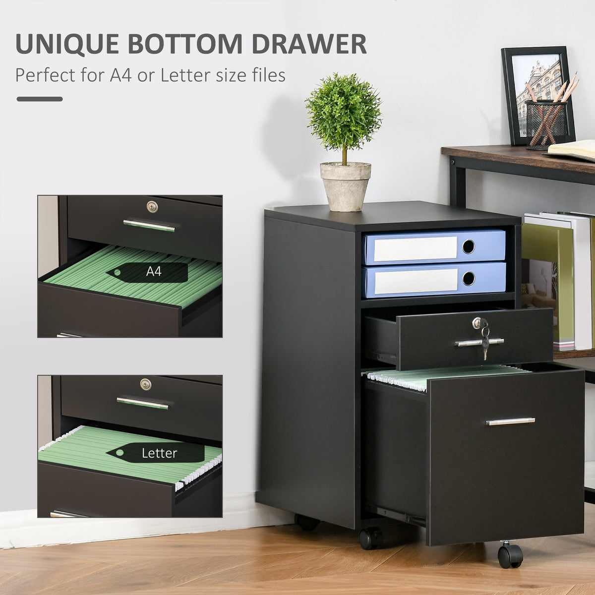 Black filing cabinet with open drawers sized for A4 and letter files, plus caster wheels.