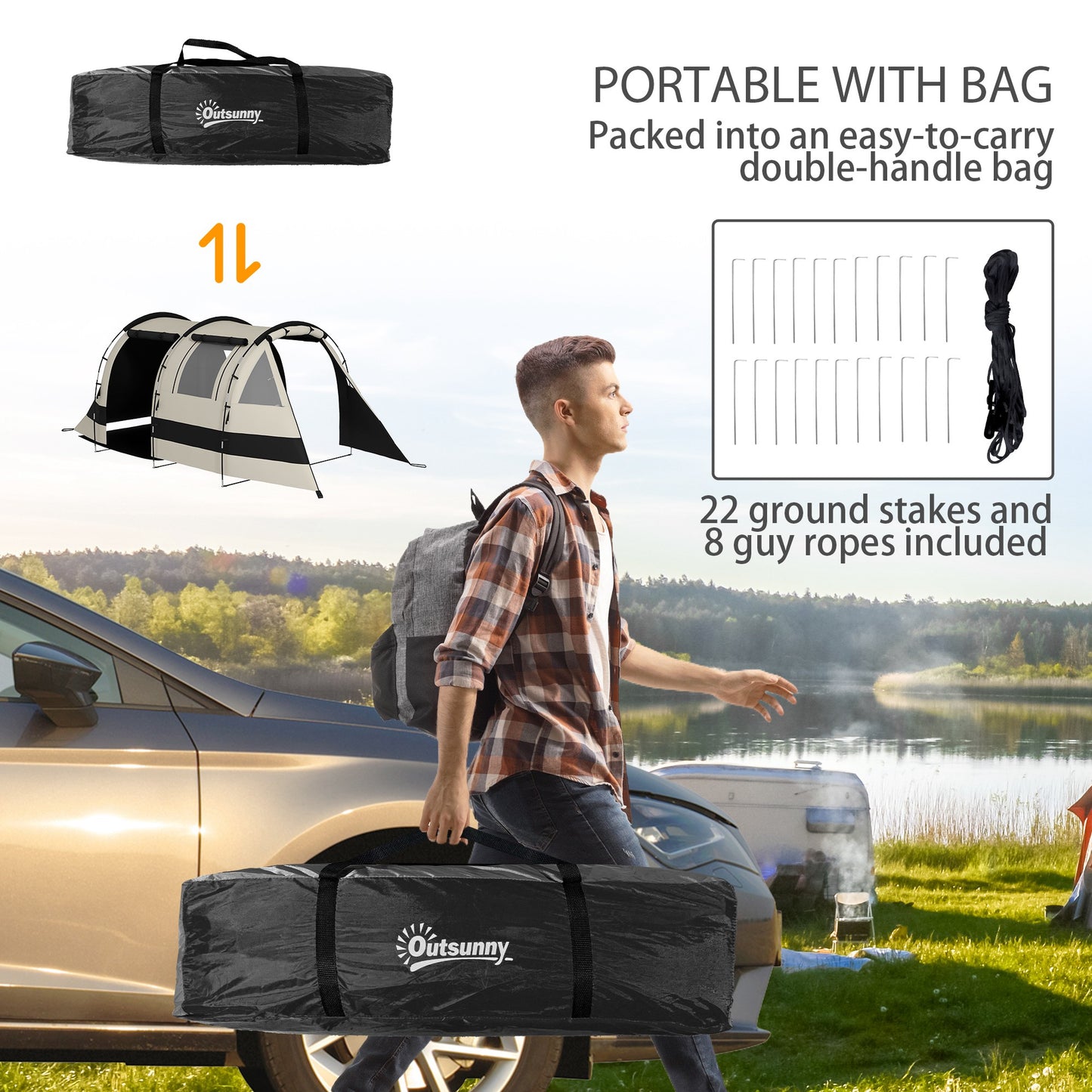 Outsunny Camping Tent, 3 Man Blackout Tent with Bedroom and Living Room, Portable with Bag, for Fishing Hiking Festival, Khaki