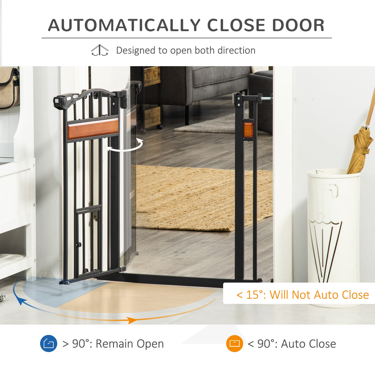 Black pet gate shown opening both ways and closing automatically