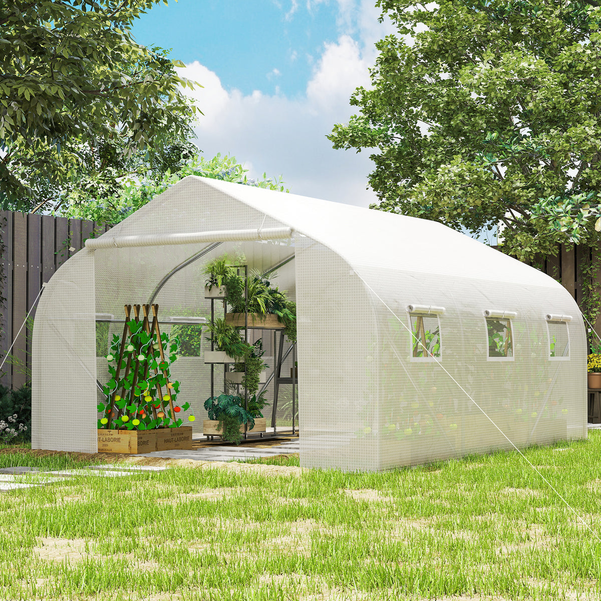 Outsunny 3.5 x 3 x 2m, Walk-In Polytunnel Greenhouse Warm House Garden Tunnel Shelter Plant Shed, White