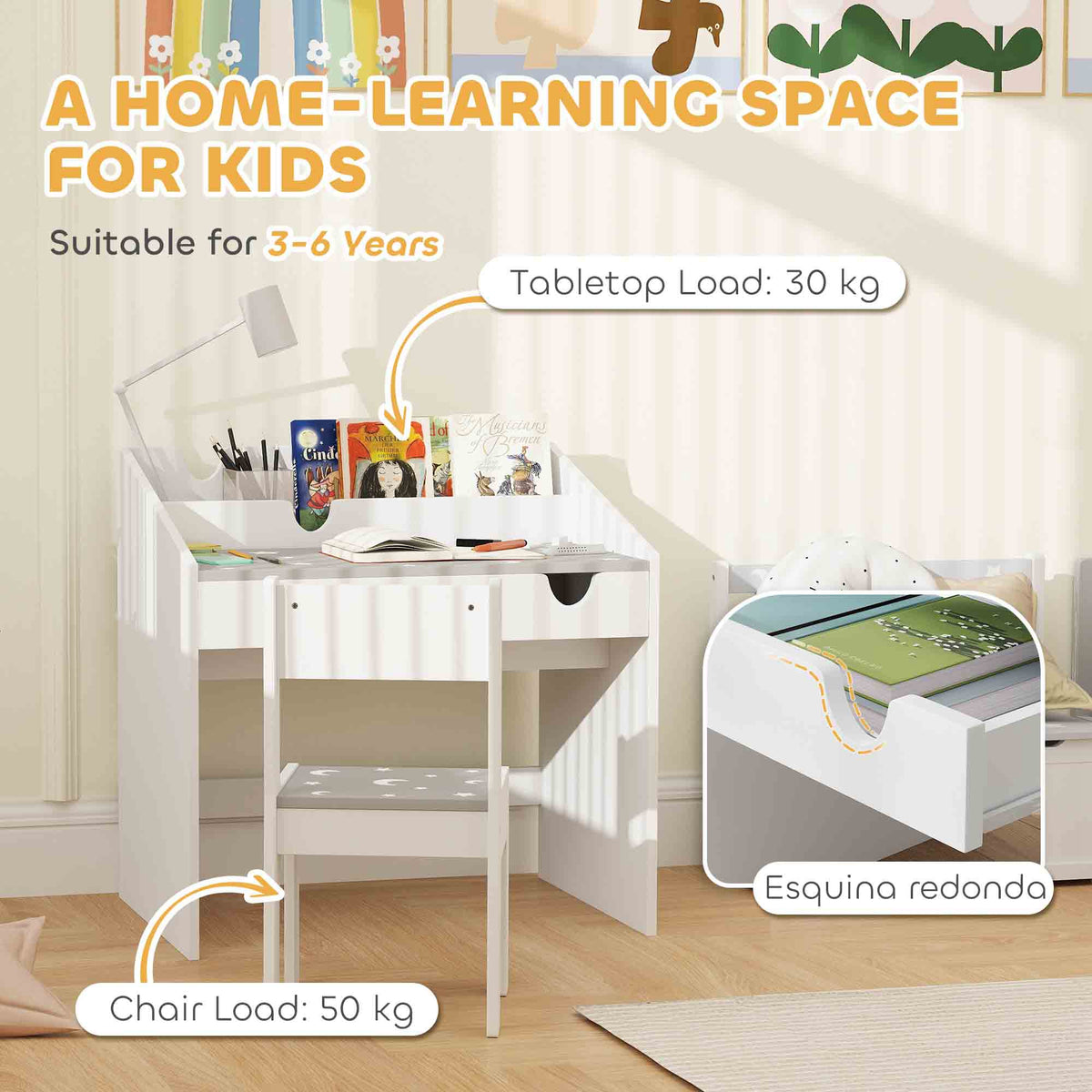 AIYAPLAY children's desk and chair set with rounded desktop edge and patterned chair seat